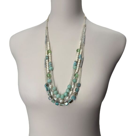 J. Jill Multi-Strand Necklace Aqua Ivory Layered Beaded Glass Pearl Ocean Sea - Picture 9 of 13